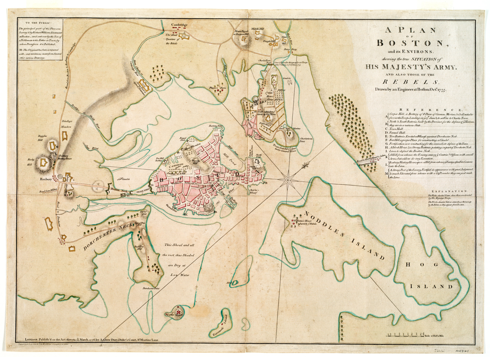 A 1775 hand-colored revolutionary-era map titled "A Plan of Boston and its Environs," showing the military positions of "His Majesty’s Army" and the "Rebels." The map depicts the Boston peninsula connected to the mainland by a narrow neck, surrounded by bodies of water including the Charles River and Boston Harbor.