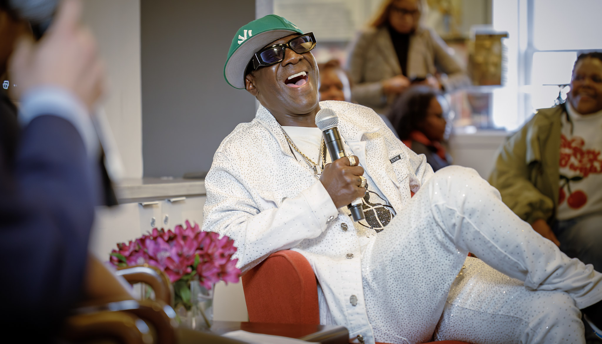 Flavor Flav of the hip-hop group Public Enemy laughed during an appearance at Harvard University's at the Marcyliena H. Morgan Hip Hop Archive & Research Institute