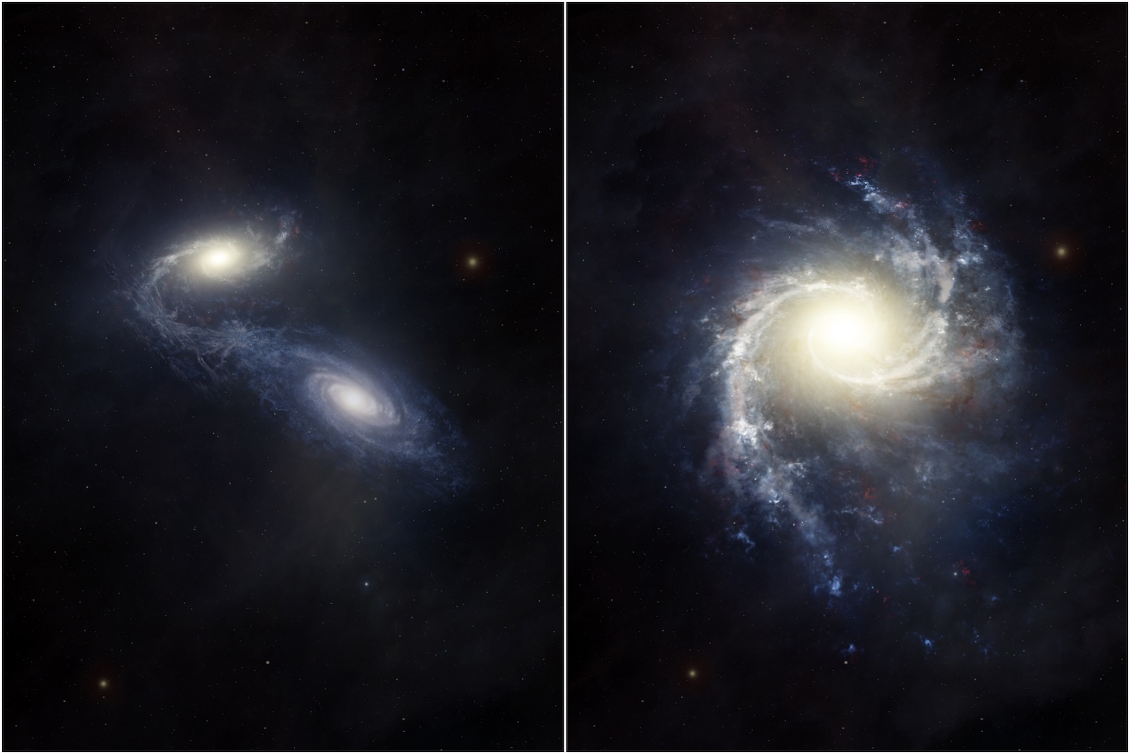  An artist’s impression shows the giant spiral galaxy NGC 1365 as it collides and merges with a smaller companion galaxy, stirring up star formation and redistributing gas and heavy elements.