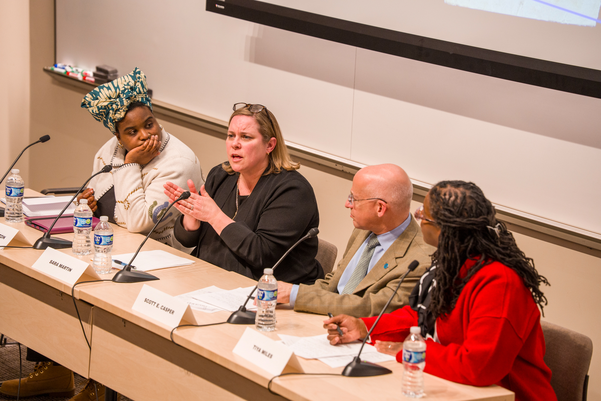 Kyera Singleton, Sara Martin, Scott E. Casper, and Jacqueline Jones discuss the Siege of Boston during a Harvard panel.