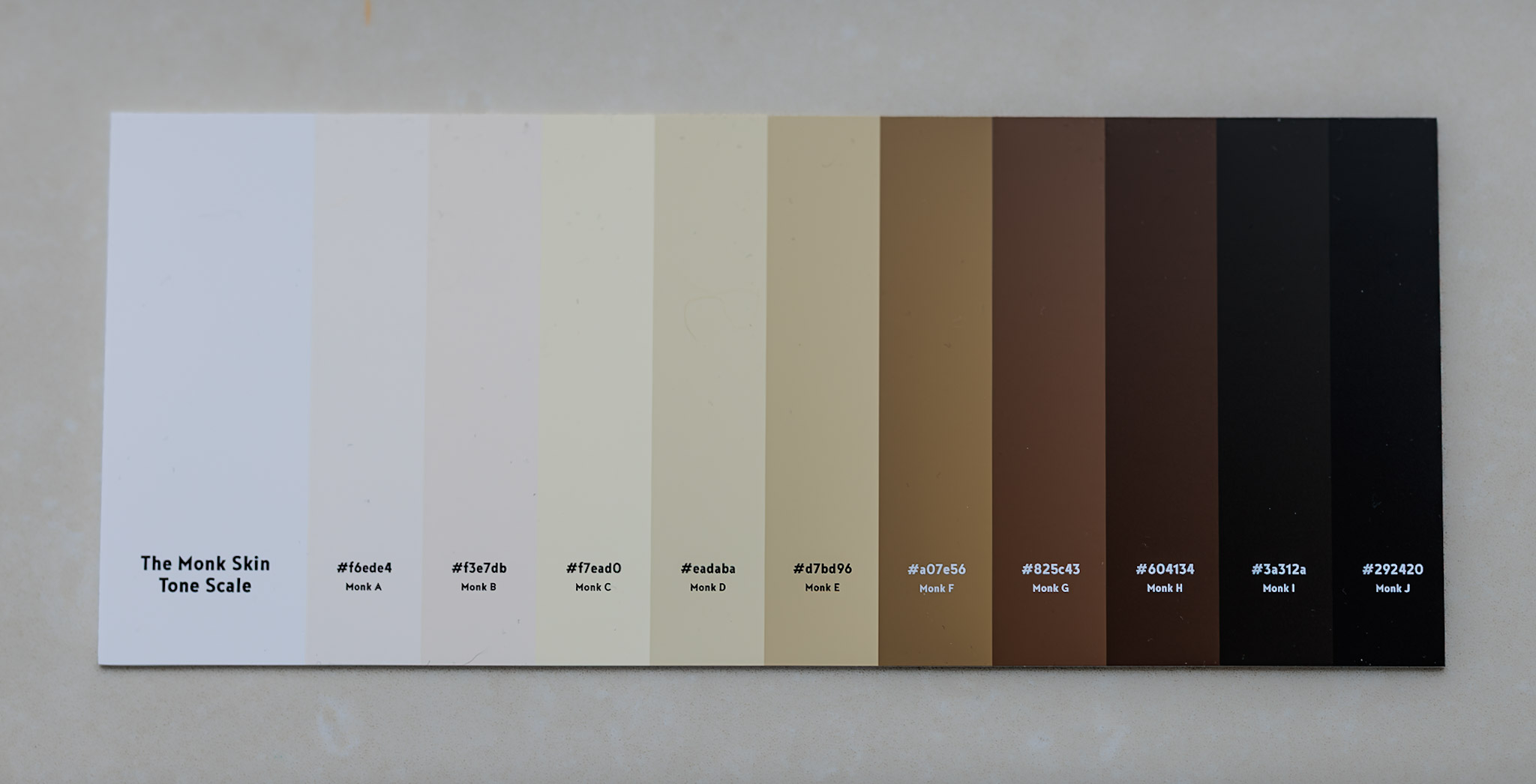 A card showing all 10 skin tones of the Monk Skin Tone scale