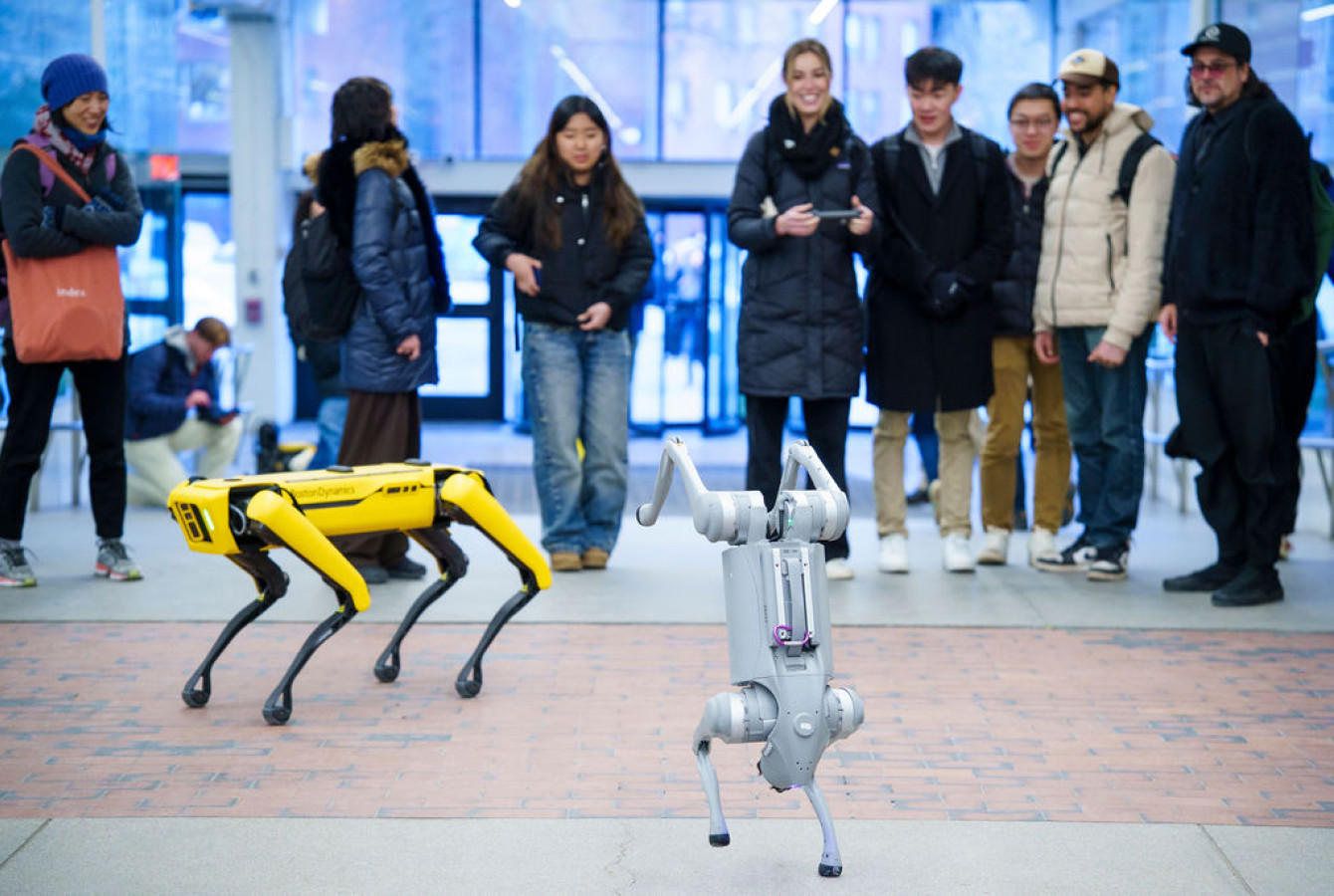 Students from the "Robots in Human Ecology" course use controllers to operate two robots: Boston Dyanamics' yellow Spot and Unitree's silver Go2 Edu. The smaller Go2 Edu robot is seen doing a handstand. All are pictured inside the Science Center on Harvard University's campus.