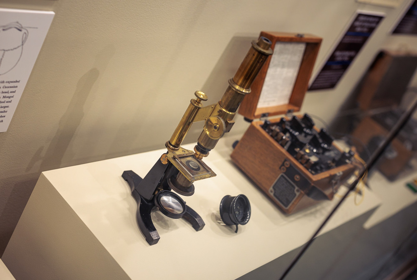 A compound microscope and magnifier on display at the Harvard Collection of Historical Scientific Instruments