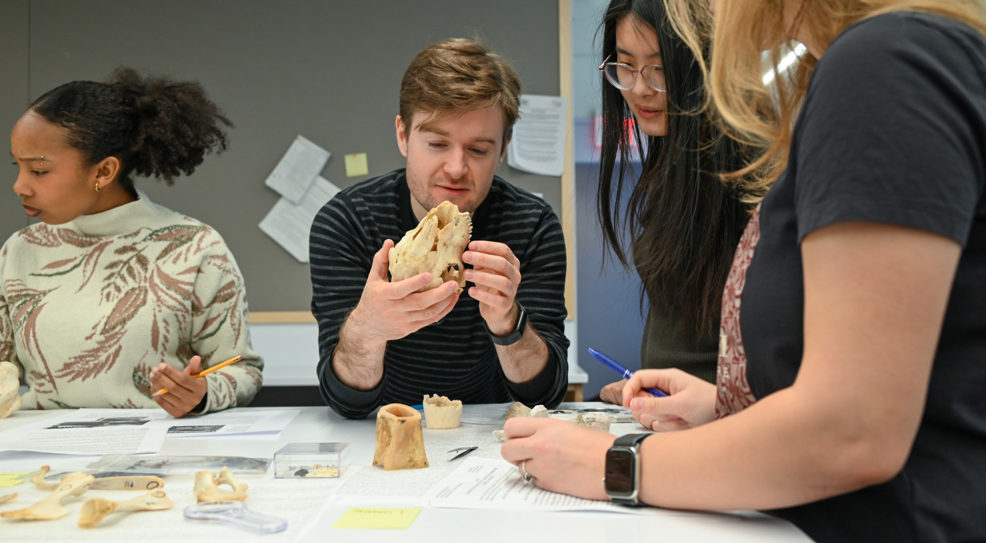 Teaching Fellow Jack Bishop helps students examine bone specimens during a hand-on course in the Zooarchaeology Lab at Harvard University.