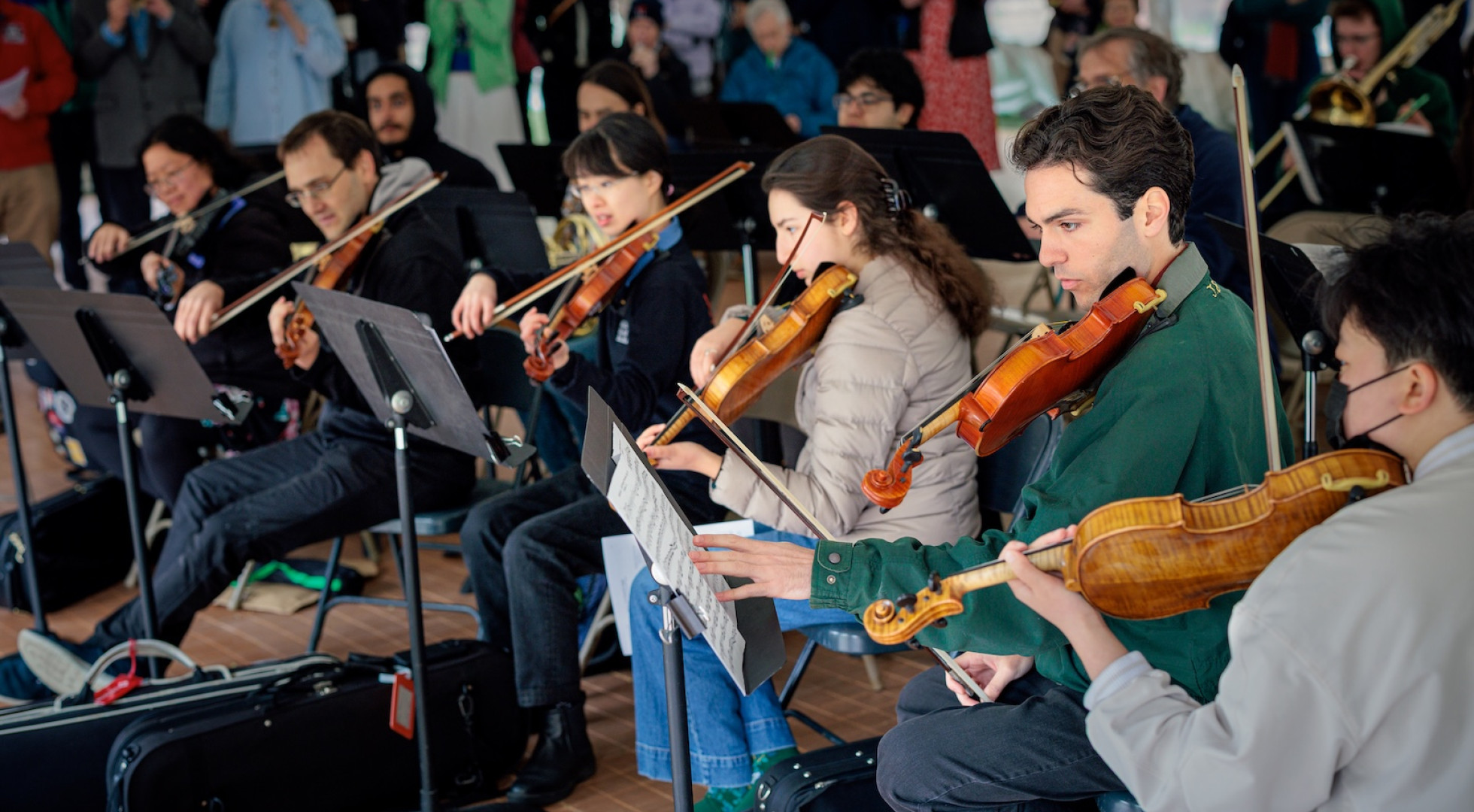 String players perform Tchaikovsky's 1812 Overture on the Harvard University campus.