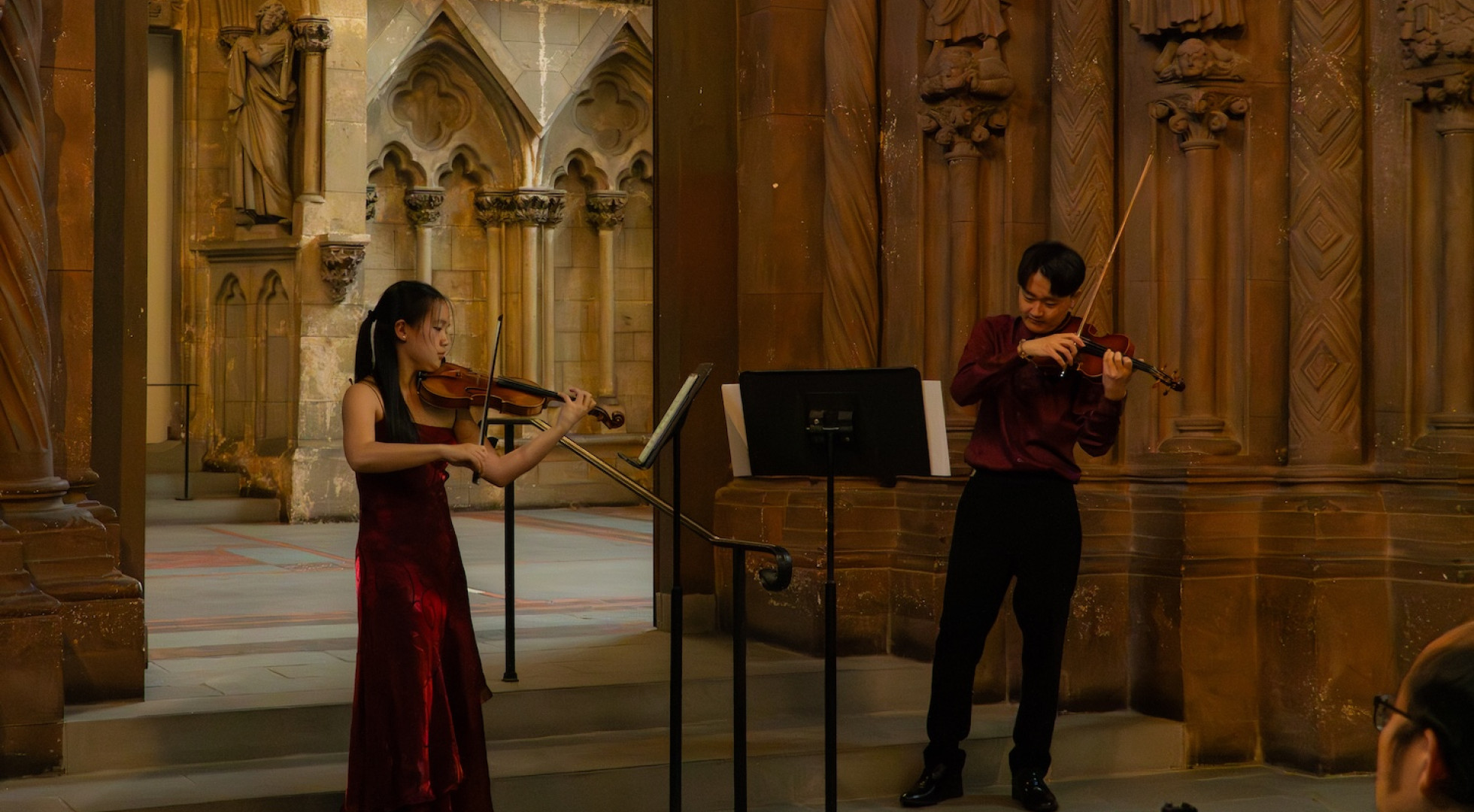 Harvard College students Audrey Sun and John Kim appeared at Adolphus Busch Hall performing Prokofiev’s “Sonata for Two Violins.”