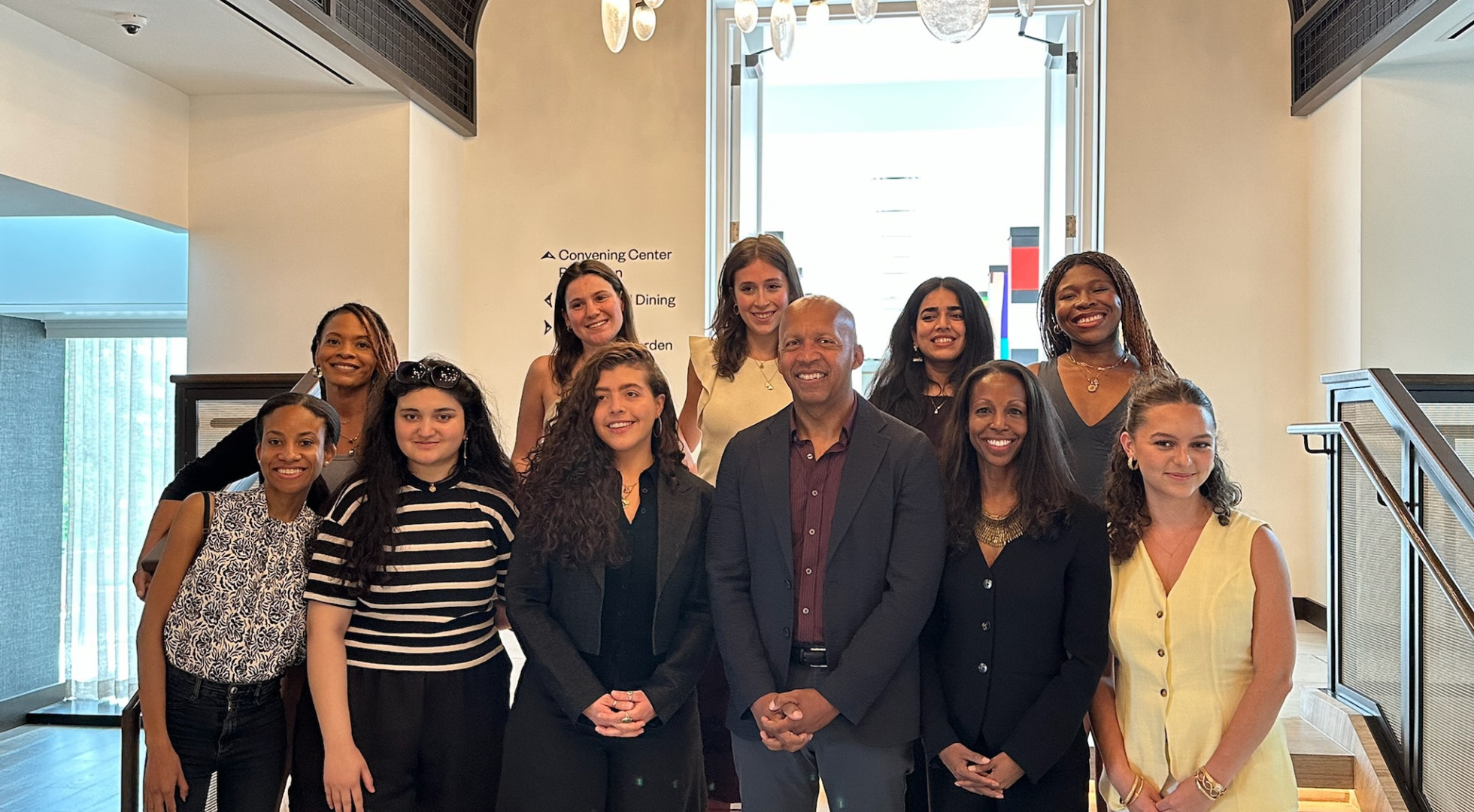 Harvard students pose with Bryan Stevenson and Sarah Lewis at the National Memorial to Peace and Justice in Montgomery, Ala.