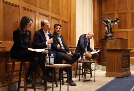 Becca Rothfeld, Cass Sunstein, Jon Baskin, and James Wood are pictured in the Barker Center’s Thompson Room.