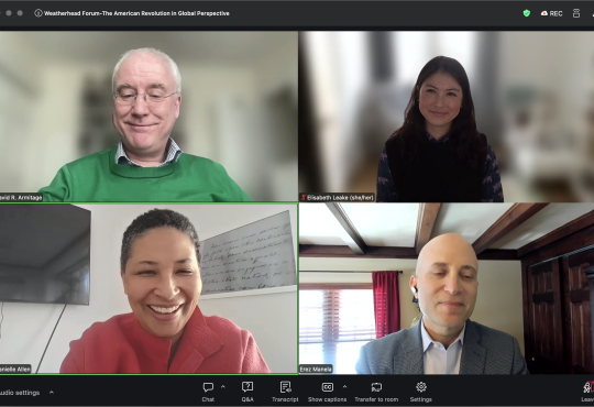 Screenshot of the four panelists David Armitage, Elisabeth Leake, Danielle Allen, and Erez Manela on Zoom