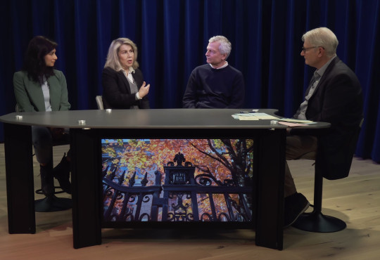 Panelists Gita Gopinath (Economics), Carmen M. Reinhart (Harvard Kennedy School), and Dani Rodrik (Harvard Kennedy School) and host Ralph Ranalli