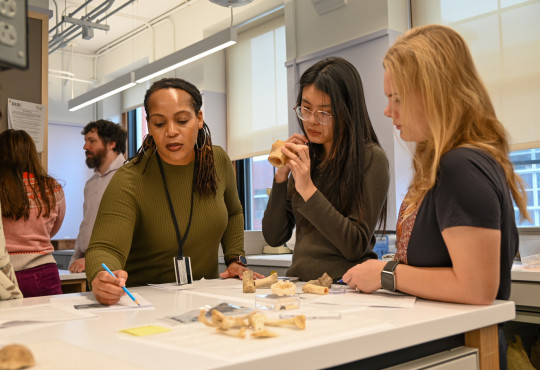 Professor Shayla Monre, graduate student Meting Song, and undergraduate Nina Skov Jensen in the Zooarchaeology Lab at Harvard University