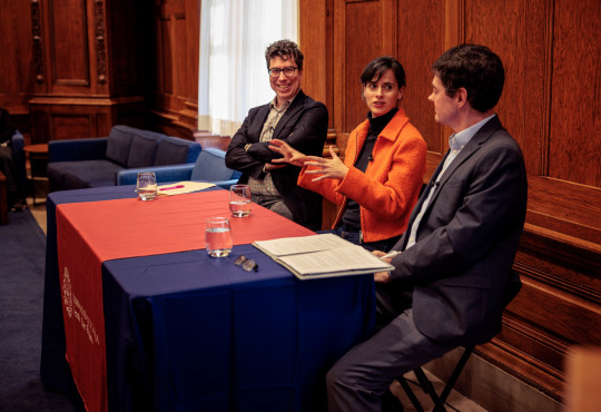 A Harvard University panel conversation about artificial intelligence featured, from left, Professor Jonathan Zittrain, Professor Carissa Véliz, and Professor Eric Beerbohm