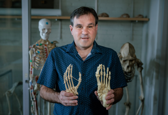 Professor Terence Capellini holding skeletal foot of a hand and foot