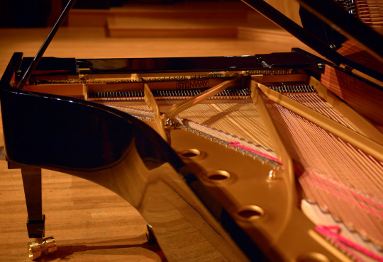 Interior of the Steinway concert grand piano unveiled at Sanders Theatre