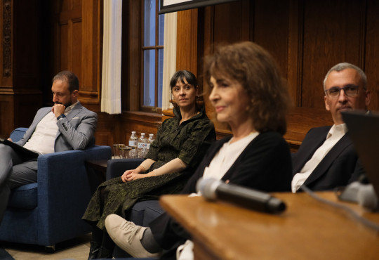Sergio Imparato, Maria Dagioglou, Vangelis Karkaletsis, and Alexandra Mitsotakis on a panel