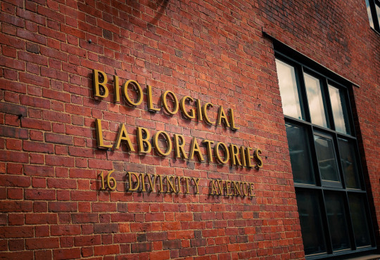 Front façade of the Harvard Bio Labs with building name and address