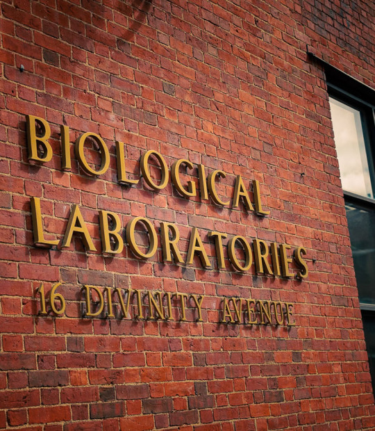 Front façade of the Harvard Bio Labs with building name and address