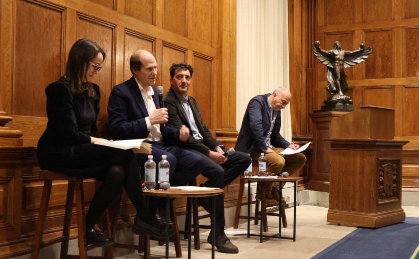 Becca Rothfeld, Cass Sunstein, Jon Baskin, and James Wood are pictured in the Barker Center’s Thompson Room.