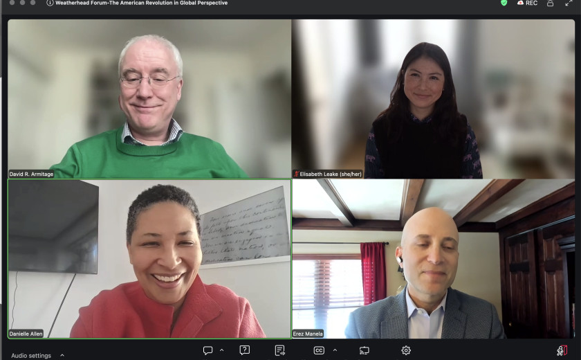 Screenshot of the four panelists David Armitage, Elisabeth Leake, Danielle Allen, and Erez Manela on Zoom