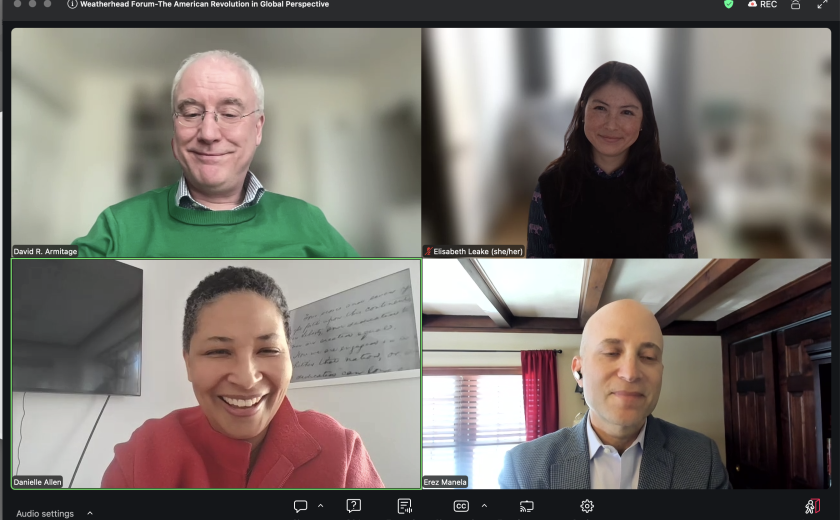 Screenshot of the four panelists David Armitage, Elisabeth Leake, Danielle Allen, and Erez Manela on Zoom