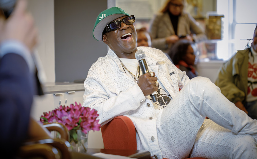 Flavor Flav of the hip-hop group Public Enemy laughed during an appearance at Harvard University's at the Marcyliena H. Morgan Hip Hop Archive & Research Institute
