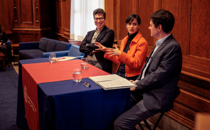 A Harvard University panel conversation about artificial intelligence featured, from left, Professor Jonathan Zittrain, Professor Carissa Véliz, and Professor Eric Beerbohm