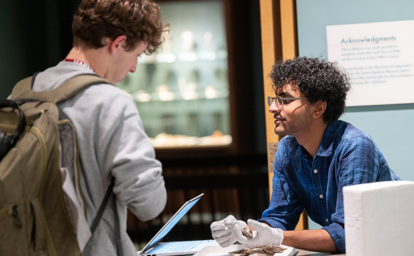 Ashwin Sivakumar speaks with a young person at Harvard's 2025 Visitas welcome event for admitted students