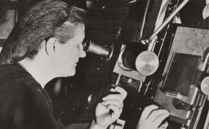 Harvard astronomer Cecilia Payne-Gaposchkin peering into a telescope, circa 1956