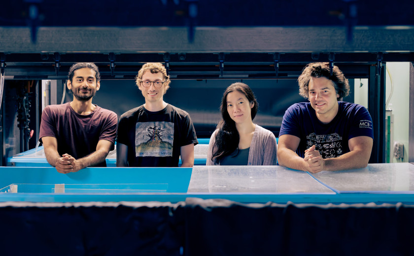 The co-authors of the study standing by an octopus tank