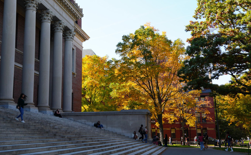 Exterior view of Widener Library steps in autumn