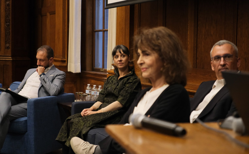 Sergio Imparato, Maria Dagioglou, Vangelis Karkaletsis, and Alexandra Mitsotakis on a panel