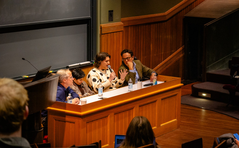 A panel of academics featuring Justin Smith-Ruiu Doris Sommer, Madeline Baker, and moderator Ian Corbin