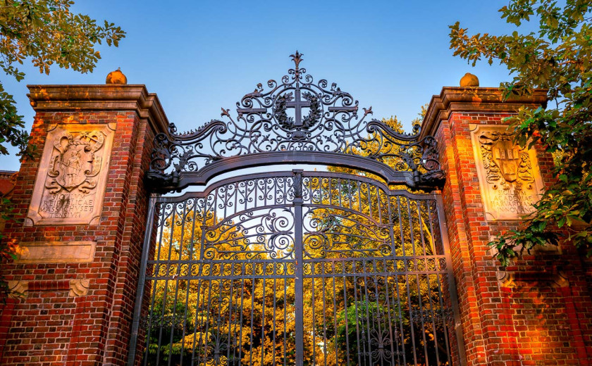 Exterior view of Johnston Gate at Harvard Yard