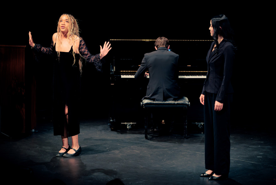From left, Harvard College students Gabby Medina, Blake Hullinger (on piano), and Alicia Chu performed a piece from Rodgers and Hammerstein’s “Oklahoma!”