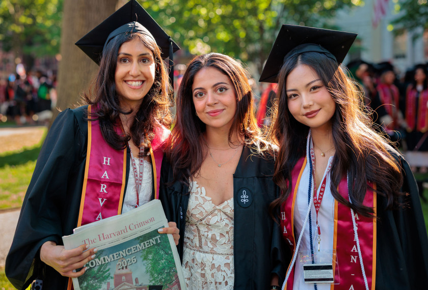 Rysa Tahilramani, Fariel Terras, and Mina Chae at Harvard Commencement