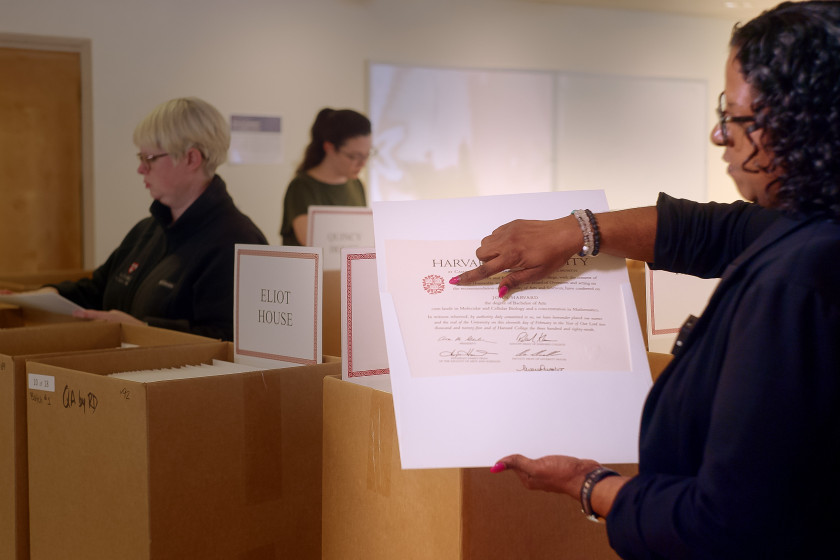 Rae Dragu, Associate Registrar for the Faculty of Arts and Sciences, inspects a Harvard diploma