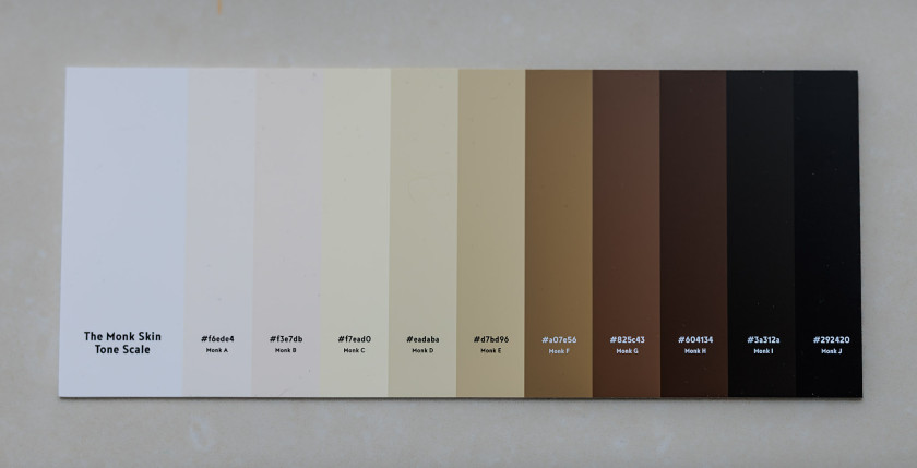 A card showing all 10 skin tones of the Monk Skin Tone scale