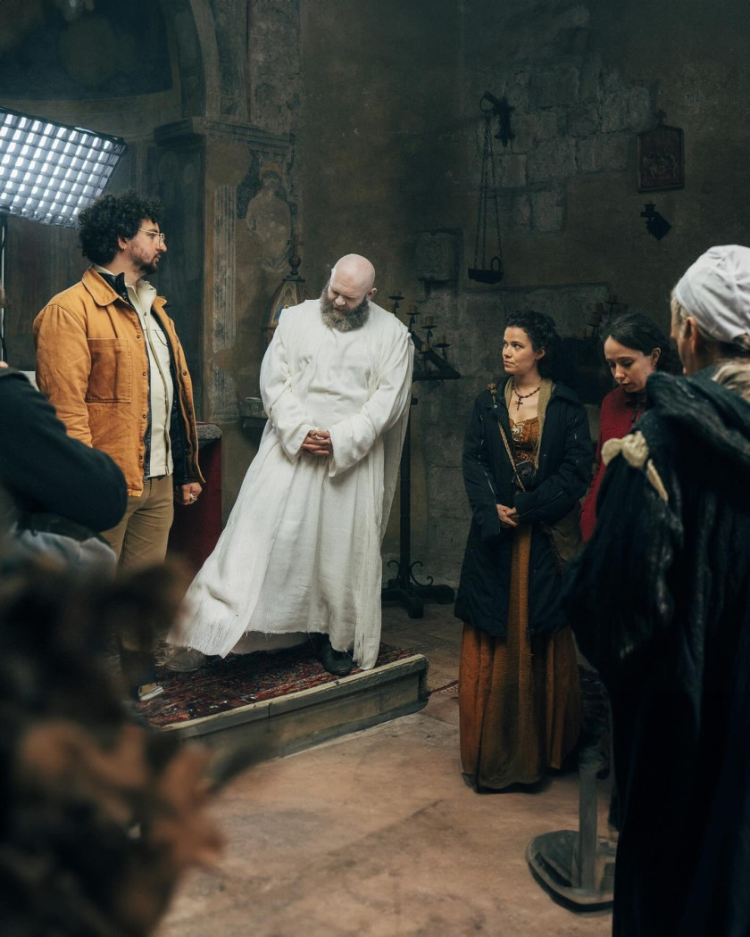 Co-director David Chávez-Grant, actor Darko Perić, actress Zara Devlin, and co-director Abigail Ory on the set of the film “Death Do Us Part”