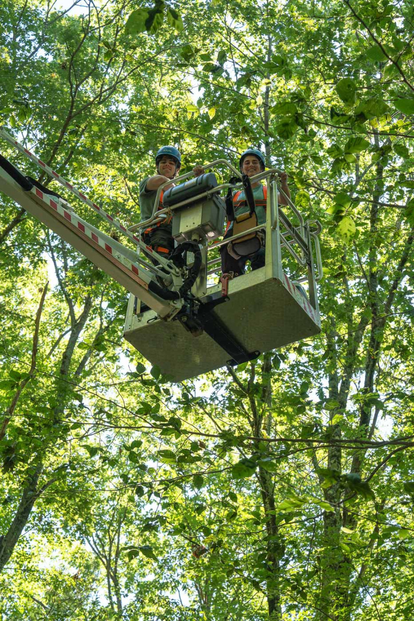 Tom Weber and mentor Laura Ostrowsky in a bucket lift at Harvard Forest