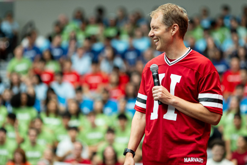 Danoff Dean of Harvard College David Deming addresses the Class of 2030 at Harvard College’s 2026 Crimson Kickoff event.