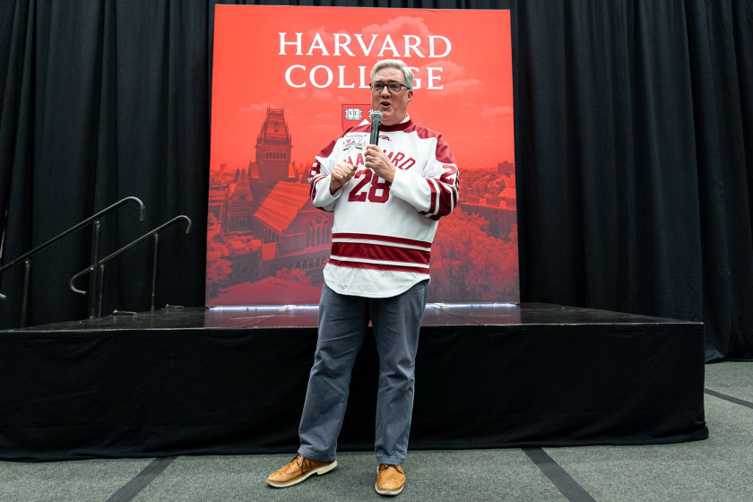 Dean of Students Thomas Dunne presided over the Yard Scream contest at the 2026 Crimson Kickoff event.