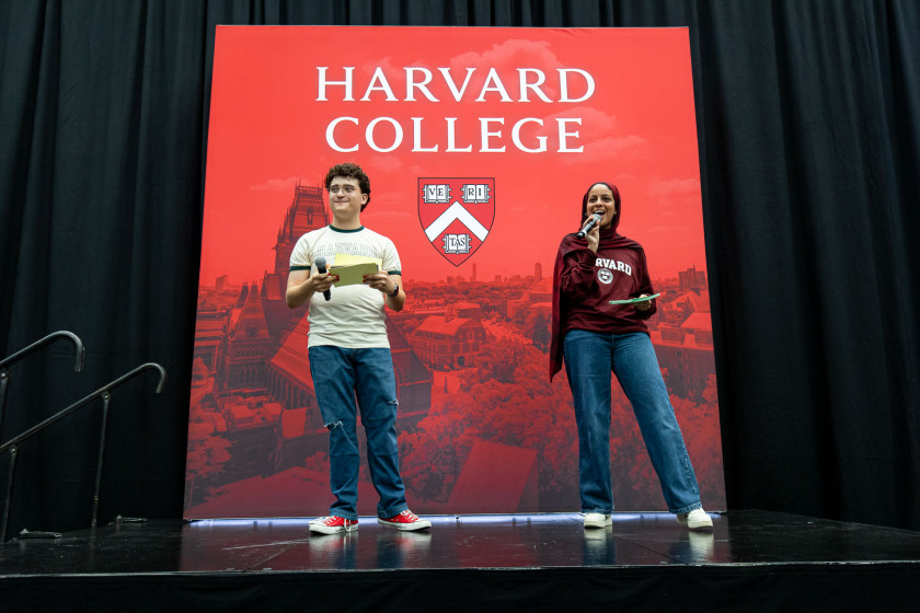 Harvard College students Finn Berard ’29, at left, and Wasan Rafat ’27 emceed the 2026 Crimson Kickoff.