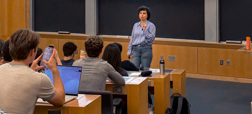 Mine Doğucu, senior lecturer on statistics, lecturing in a classroom at Harvard