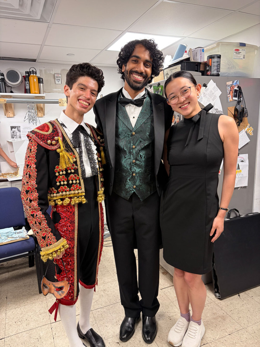 Harvard College students Tanner Quirk, Saman de Silva and Alicia Chu backstage at the Off-Broadway show “Masquerade”