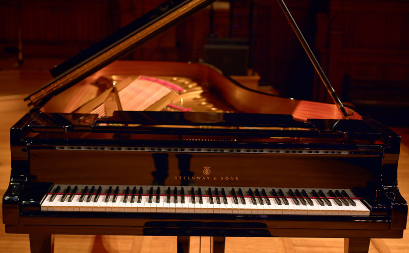Close-up view of a Steinway Model D concert grand piano