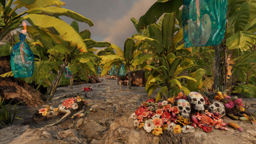 A screenshot from Martinique-based artist David Gumbs’ “Sonjé,” a VR installation with wallpaper